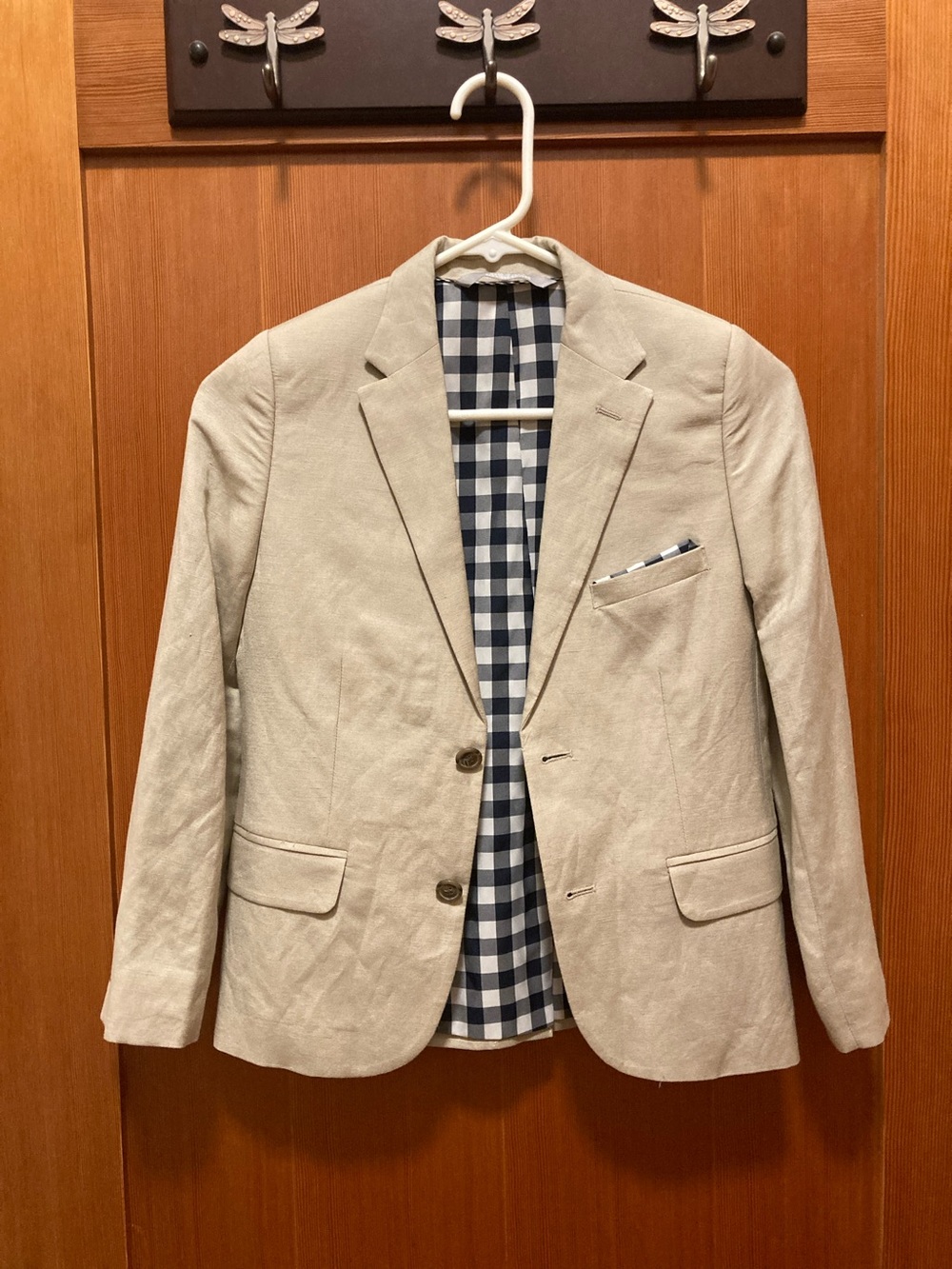 Nordstrom Linen blend Light Beige Sport Coat with Navy Check Lining